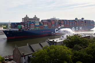 The container ship CMA CGM Marco Polo sails toward the Port of Savannah, May, 26, 2021.