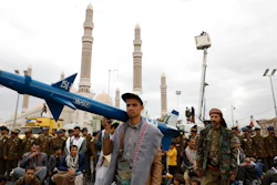Houthi supporters rally in Sanaa, Yemen, Feb. 16, 2024.
