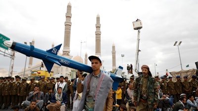 Houthi supporters rally in Sanaa, Yemen, Feb. 16, 2024.