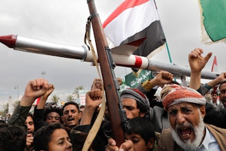 Houthi supporters rally in Sanaa, Yemen, March 8, 2024.