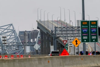 The wreckage of Francis Scott Key Bridge as seen from Dundalk, Md., March 27, 2024.