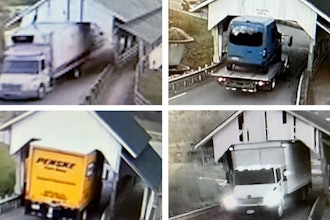This selection of undated still frames from security video camera footage provided by Michael Grant shows a variety of oversized box trucks crashing through the historic Miller's Run covered bridge in Lyndon, Vt.