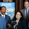 Small Business Administration administrator Isabel Guzman, surrounded by Baltimore Mayor Brandon Scott, from left, Rep. Kweisi Mfume, D-Md., Baltimore County Executive Johnny Olszewski and Sen. Ben Cardin, D-Md., speaks during a press conference at the SBA business recovery center, Thursday, April 4, 2024, in Baltimore.