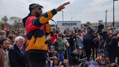 Chris Smalls, president of the Amazon Labor Union, at a rally outside an Amazon warehouse on Staten Island, New York, April 24, 2022.