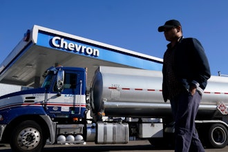 A tanker at a Chevron gas station in San Francisco, Oct. 23, 2023.