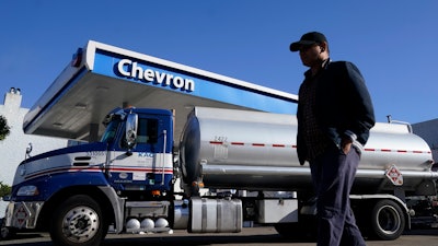 A tanker at a Chevron gas station in San Francisco, Oct. 23, 2023.