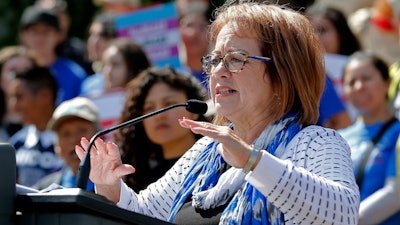 California state Sen. Maria Elena Durazo, D-Los Angeles, addresses a gathering in Sacramento, May 20, 2019.