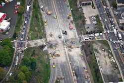 Aerial view of crews removing the Fairfield Avenue bridge over Interstate 95, Norwalk, Conn., May 4, 2024.