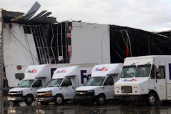 FedEx trucks outside a damaged FedEx facility in Portage, Mich., May 7, 2024.