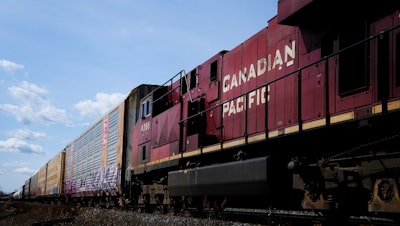 Canadian Pacific trains at the main CP Rail train yard in Toronto, March 21, 2022.