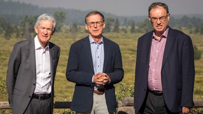 Federal Reserve Chairman Jerome Powell, left, Governor of the Bank of Canada Tiff Macklem, center, and Governor of the Bank of England Andrew Bailey pose for a photo at the Jackson Hole Economic Symposium, Jackson Lake Lodge, Grand Teton National Park, Wyo., Aug. 23, 2024.