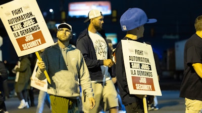 Striking Philadelphia longshoreman picket outside the Packer Avenue Marine Terminal Port, Oct. 01, 2024.
