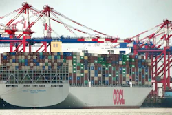 The 'OOCL United Kingdom' container vessel anchored at the 'Jade Weserport' terminal, Wilhelmshaven, Germany, Nov. 15, 2022.