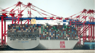 The 'OOCL United Kingdom' container vessel anchored at the 'Jade Weserport' terminal, Wilhelmshaven, Germany, Nov. 15, 2022.
