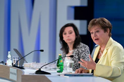 International Monetary Fund Managing Director Kristalina Georgieva, right, during a news conference at the World Bank/IMF Annual Meetings, Washington, Oct. 24, 2024.