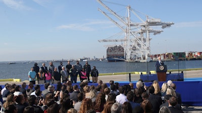 President Joe Biden speaks at the Dundalk Marine Terminal in Baltimore, Oct. 29, 2024.