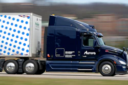 A self-driving tractor trailer maneuvers around a test track in Pittsburgh, Thursday, March 14, 2024. The truck is owned by Pittsburgh-based Aurora Innovation Inc.