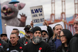 NDP Leader Jagmeet Singh, front center, and MP Jenny Kwan, front second right, at a rally with locked out port workers, Vancouver, British Columbia, Nov. 8, 2024.