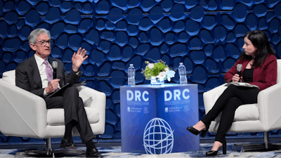 Federal Reserve Chair Jerome Powell, left, speaks to the Dallas Regional Chamber, Music Hall at Fair Park, Dallas, Nov. 14, 2024.