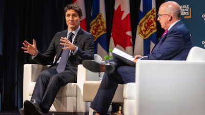 Canadian Prime Minister Justin Trudeau at a fireside chat with the Halifax Chamber of Commerce, Halifax, Nova Scotia, Dec. 9, 2024.