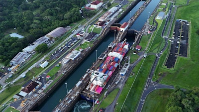 A cargo ship in the Agua Clara Locks of the Panama Canal, Colon, Panama, Sept. 2, 2024.