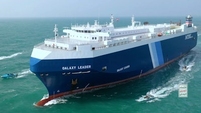 A Houthi escort of the cargo ship Galaxy Leader in the Red Sea off the coast of Yemen, Nov. 19, 2023.