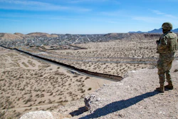 A U.S. Army soldier looks at the wall along U.S.-Mexico border, Sunland Park, N.M., Feb. 3, 2025.
