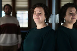 Hannah Jones, accompanied by her spouse, Steve Cook, pose for a portrait at home near Philadelphia, March 12, 2025.