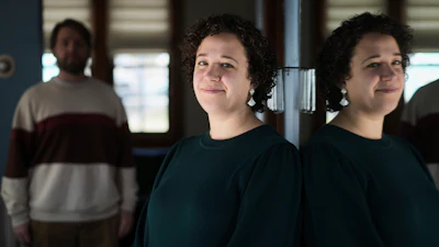 Hannah Jones, accompanied by her spouse, Steve Cook, pose for a portrait at home near Philadelphia, March 12, 2025.