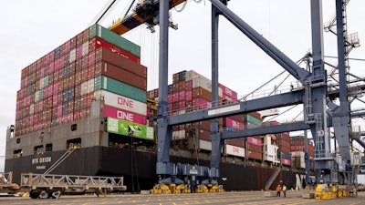 A cargo ship is plugged in to an electric grid at the Yusen Terminal in the Port of Los Angeles, San Pedro, Calif., March 11, 2025.