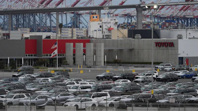 New Toyota vehicles are stored at the Toyota Logistics Service, their most significant vehicle imports processing facility in North America, at the Port of Long Beach in Long Beach, Calif., Wednesday, March 26, 2025.