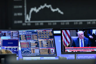 A television monitor showing U.S. President Donald Trump in front of a display board with the Dax curve, Frankfurt, Germany, April 3, 2025.