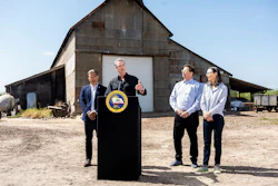 California Gov. Gavin Newsom speaks during a press conference at an almond farm in Ceres, Calif., April 16, 2025.