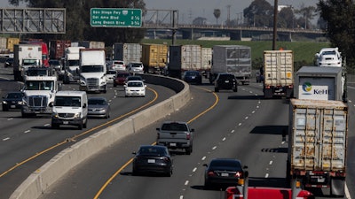 Vehicles move along the 710 highway, Long Beach, Calif., March 10, 2025.