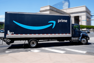 An Amazon truck drives in in Philadelphia, Friday, April 30, 2021.