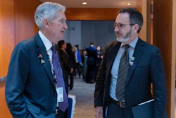 Federal Reserve Board Chairman Jerome Powell, left, speaks with IMF Economic Counsellor and Research Department Director Pierre-Olivier Gourinchas at International Monetary Fund headquarters, Washington, April 25, 2025.
