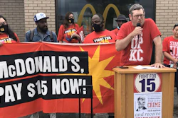 Richard Eiker speaks in support of a strike by fast food workers outside a McDonald's restaurant, Kansas City, Mo., May 19, 2021.