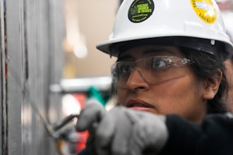 Carol Otarola practices caulking during an Ironworkers Local 63 pre-apprenticeship class Wednesday, March 26, 2025, in Broadview, Ill.