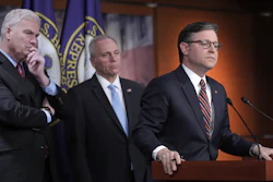 House Speaker Mike Johnson, R-La., with Majority Whip Tom Emmer, R-Minn., and Majority Leader Steve Scalise, R-La., at the Capitol, April 8, 2025.