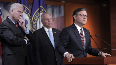 House Speaker Mike Johnson, R-La., with Majority Whip Tom Emmer, R-Minn., and Majority Leader Steve Scalise, R-La., at the Capitol, April 8, 2025.