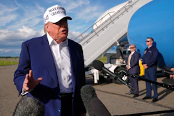 President Donald Trump speaks to reporters before boarding Air Force One at Morristown Municipal Airport in Morristown, N.J., Sunday, May 25, 2025.