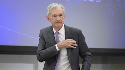 Federal Reserve Chairman Jerome Powell after speaking at the 75th anniversary conference of the Federal Reserve Board's International Finance Division, Washington, June 2, 2025.