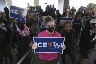 Protesters gather at the U.S. Department of Justice Federal Bureau of Prisons, Los Angeles, June 6, 2025.