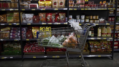 A shopping cart filled with groceries at a store in Rowland Heights, Calif., April 3, 2025.