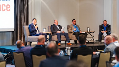 From left, Paul Meo of NTN Bearing Corp. of Canada moderates a panel featuring PTDA members Brent Pope, Motion; Todd Carroll, B&B Manufacturing; and Bill Shepard, BDI.