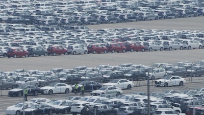 Vehicles for export parked at a port in Pyeongtaek, South Korea, July 8, 2025.