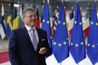 European Commissioner for Trade and Economic Security Maros Sefcovic arrives for a meeting of EU trade ministers at the European Council building, Brussels, May 15, 2025.