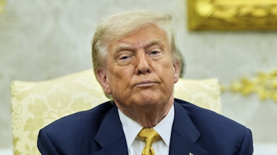 President Donald Trump during a meeting with Bahrain's Crown Prince Salman bin Hamad Al Khalifa in the Oval Office, July 16, 2025.