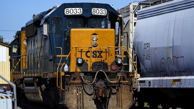 A CSX train engine sits idle on tracks in Philadelphia, Sept. 14, 2022.
