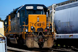 A CSX train engine sits idle on tracks in Philadelphia, Sept. 14, 2022.